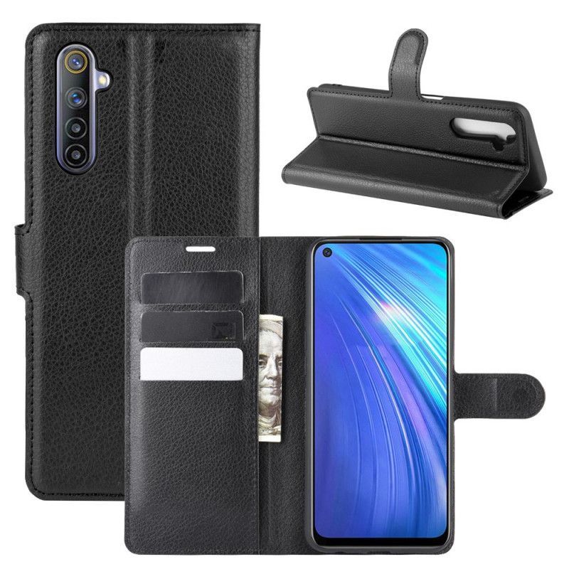δερματινη Κάλυμμα Realme 6 Μαύρο Κλασικό Εφέ Λίτσι