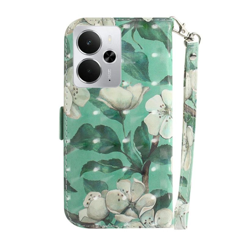 Δερματινη Θηκη Realme 14 5g Λευκά Λουλούδια Με Κορδόνι