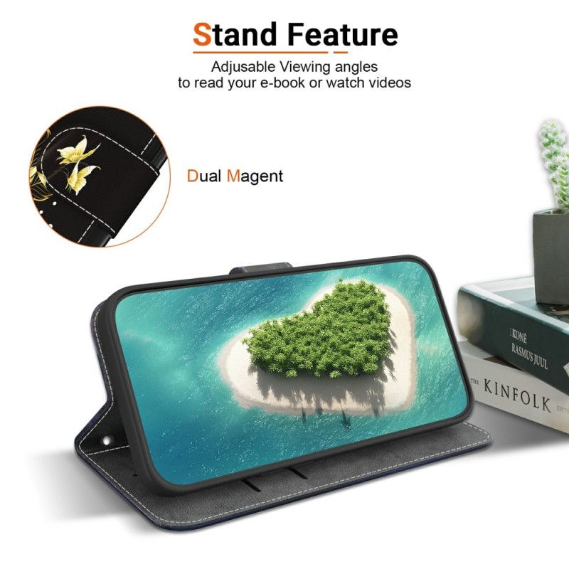 Δερματινη Θηκη Realme 14 Pro 5g Χρυσές Πεταλούδες Και Ροζ