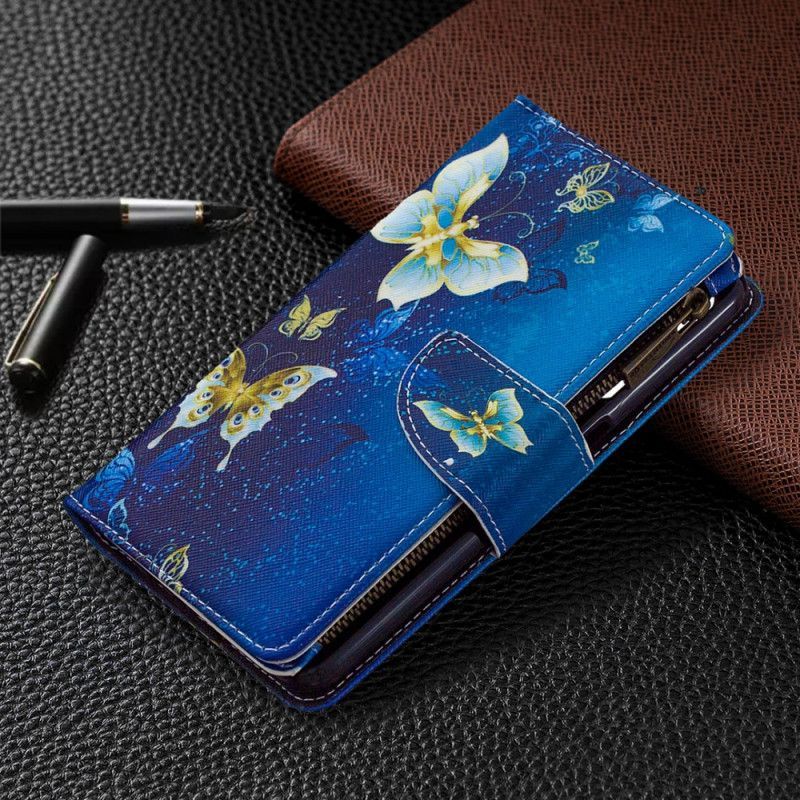 Κάλυμμα Folio Realme 6 Σκούρο Μπλε Τσέπη Με Φερμουάρ Με Χρυσές Πεταλούδες