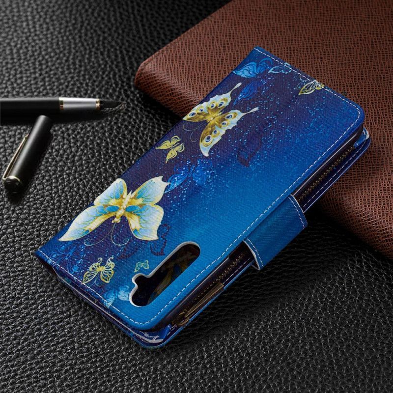 Κάλυμμα Folio Realme 6 Σκούρο Μπλε Τσέπη Με Φερμουάρ Με Χρυσές Πεταλούδες