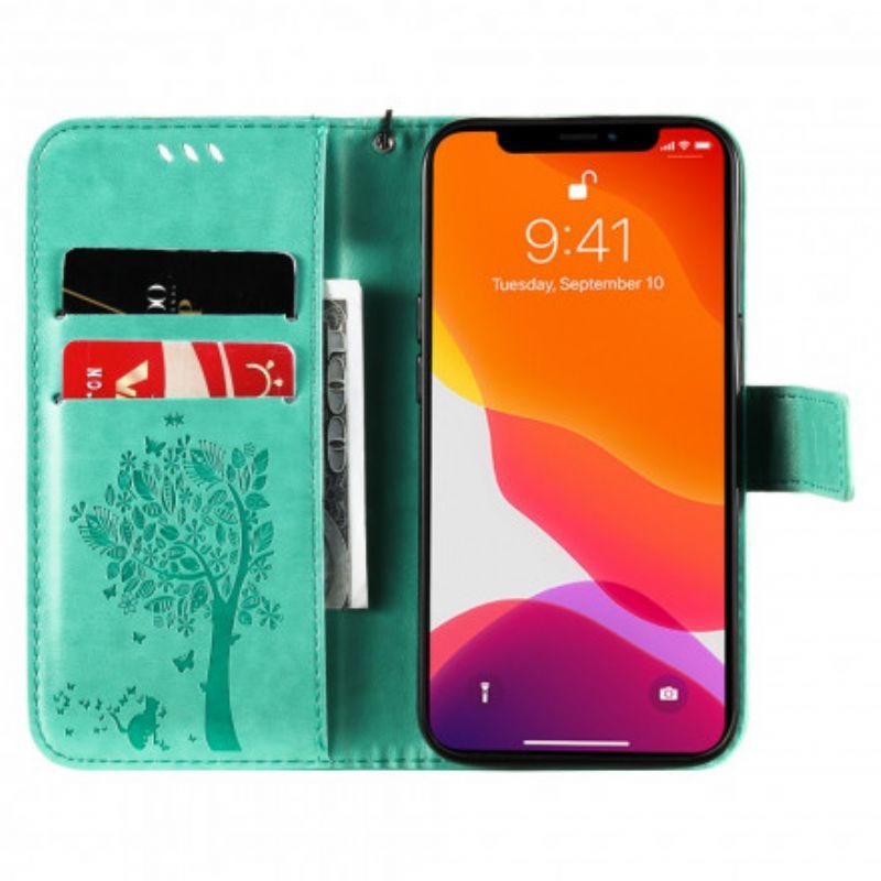 δερματινη Κάλυμμα iPhone 13 Μαύρο Δέντρο Και Στρινγκ Γάτα Πρωτότυπος