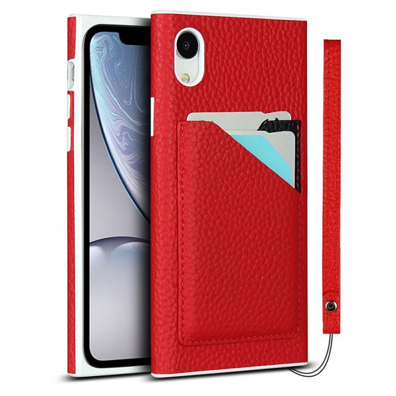 Κάλυμμα Για iPhone XR Μαύρο Θήκη Για Κάρτες Από Γνήσιο Δέρμα Λίτσι Με Κορδόνι