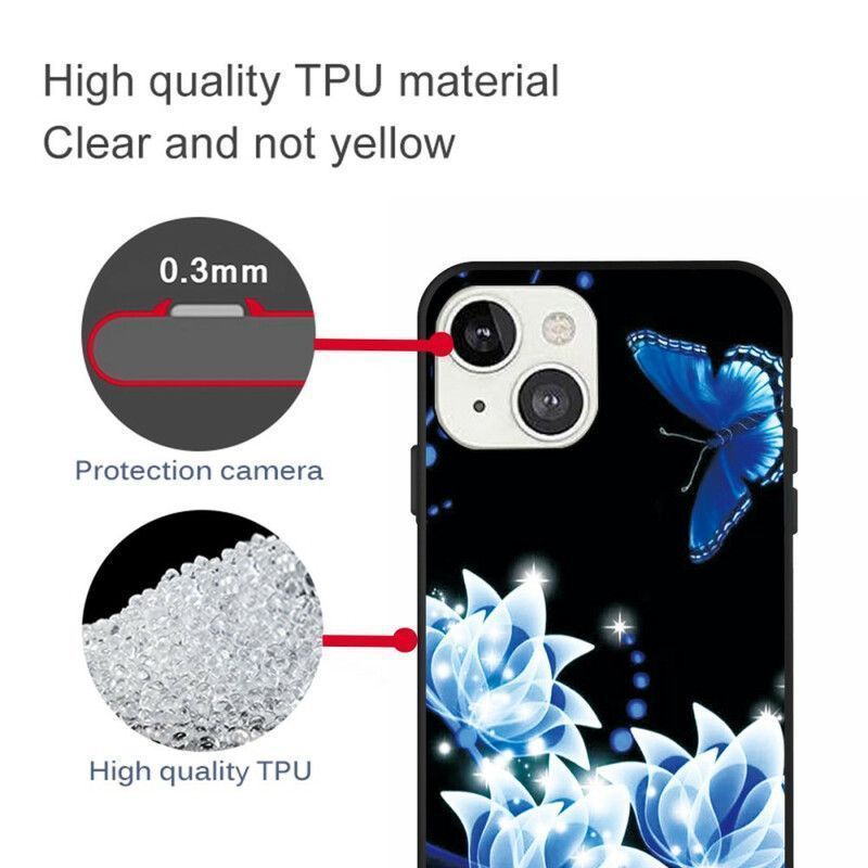 Κάλυμμα iPhone 13 Mini Μπλε Πεταλούδα Και Λουλούδια