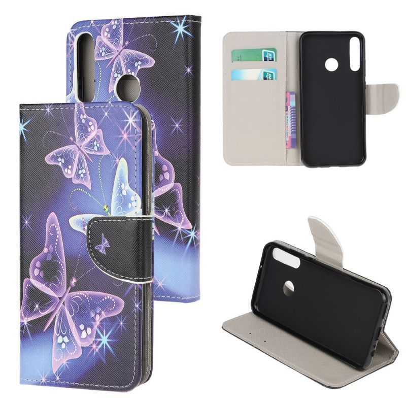 δερματινη Κάλυμμα Για Huawei P40 Lite E / Y7p Ανοιχτό Μπλε Πεταλούδες Και Λουλούδια