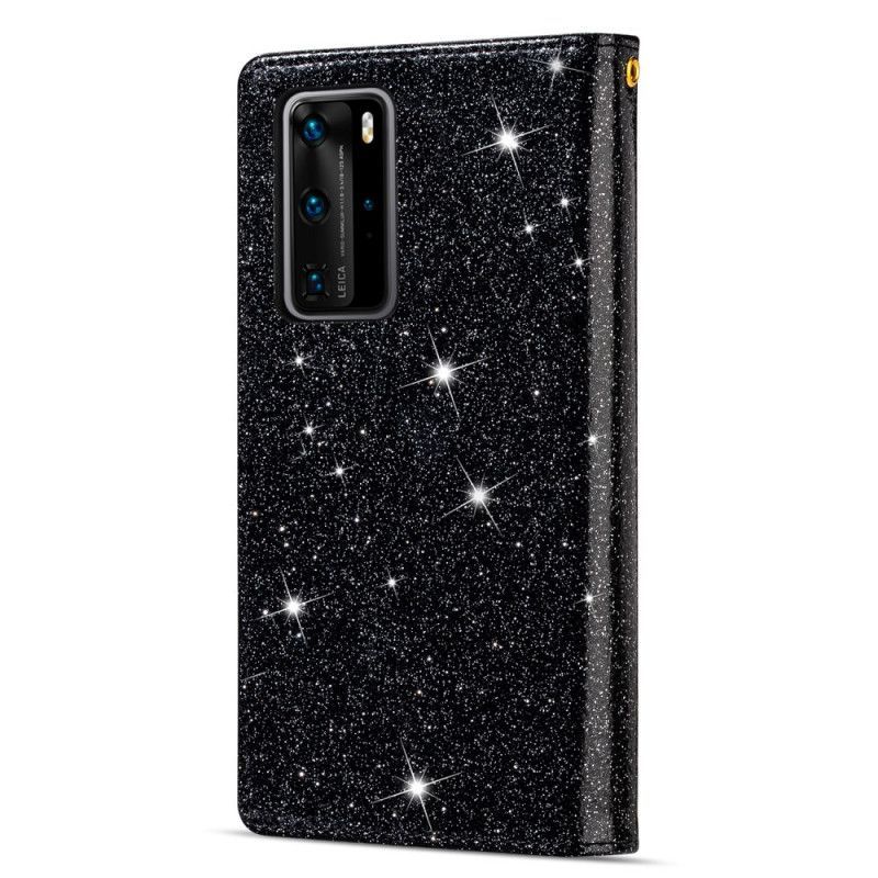 δερματινη Κάλυμμα Huawei P40 Μαύρο Γκλίτερ Πορτοφόλι Με Φερμουάρ