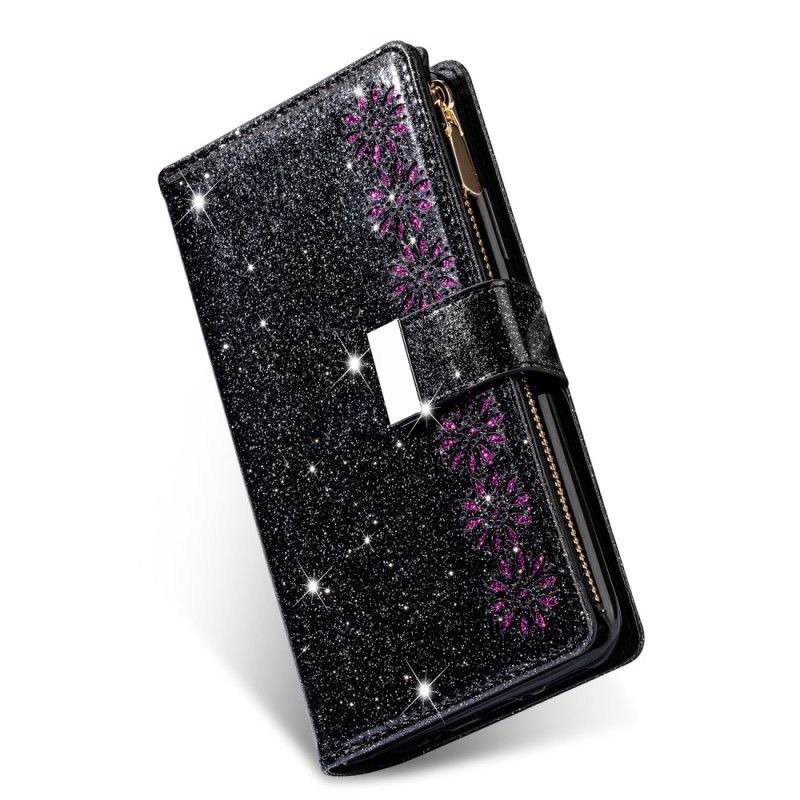 δερματινη Κάλυμμα Huawei P40 Μαύρο Γκλίτερ Πορτοφόλι Με Φερμουάρ