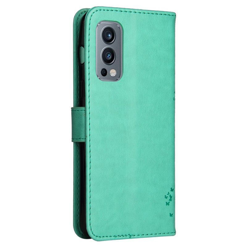 δερματινη Κάλυμμα Για OnePlus Nord 2 5G Μαύρο Δέντρο Και Στρινγκ Γάτα