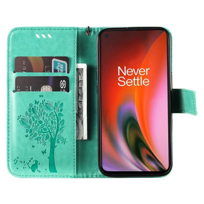 δερματινη Κάλυμμα Για OnePlus Nord 2 5G Μαύρο Δέντρο Και Στρινγκ Γάτα