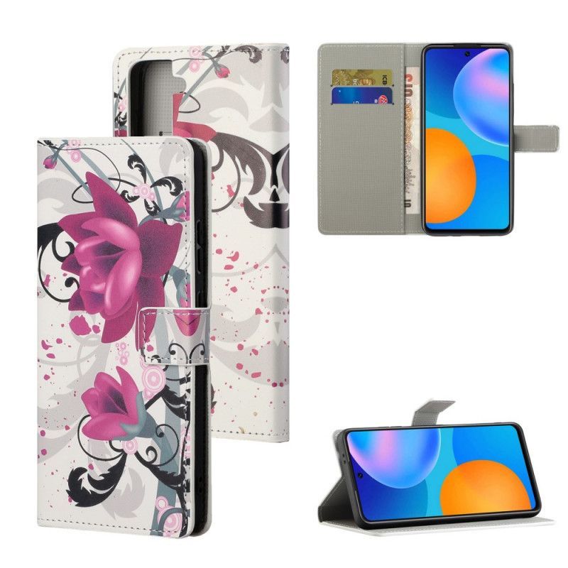 δερματινη Κάλυμμα Για Samsung Galaxy S21 5G Ματζέντα Τροπικά Λουλούδια