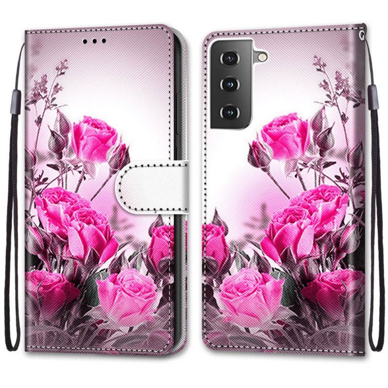 δερματινη Κάλυμμα Για Samsung Galaxy S21 Plus 5G Κόκκινο Μαγικά Λουλούδια