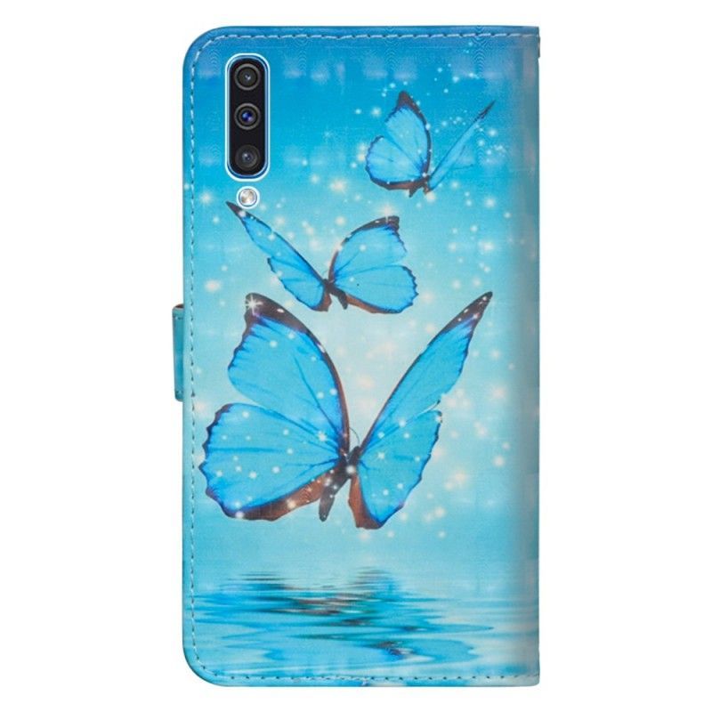 δερματινη Κάλυμμα Samsung Galaxy A50 Ιπτάμενες Μπλε Πεταλούδες Πρωτότυπος
