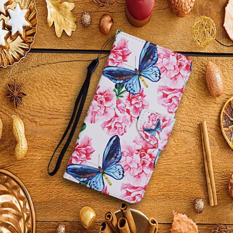 δερματινη Κάλυμμα Samsung Galaxy A52 4G / A52 5G Ματζέντα Κορδόνι Λουλουδένιες Πεταλούδες Πρωτότυπος