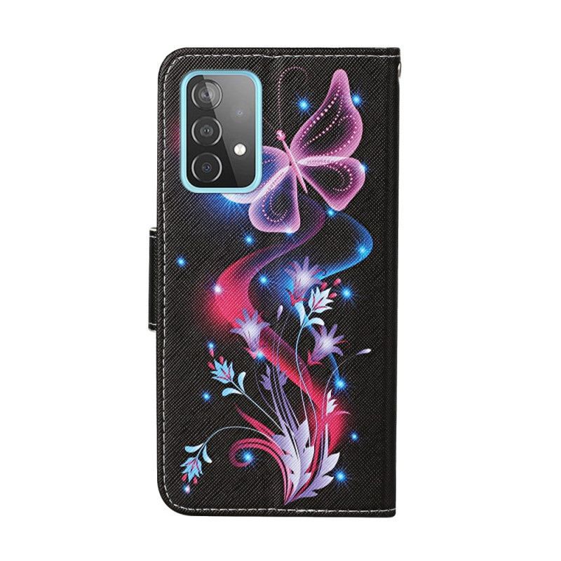 δερματινη Κάλυμμα Samsung Galaxy A52 4G / A52 5G Μαύρο Πεταλούδες Και Κορδόνι