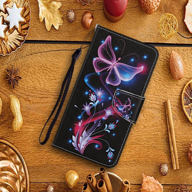 δερματινη Κάλυμμα Samsung Galaxy A52 4G / A52 5G Μαύρο Πεταλούδες Και Κορδόνι