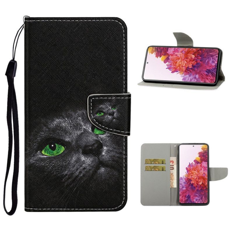 δερματινη Κάλυμμα Samsung Galaxy S20 FE Γάτα Με Πράσινα Μάτια Με Κορδόνι