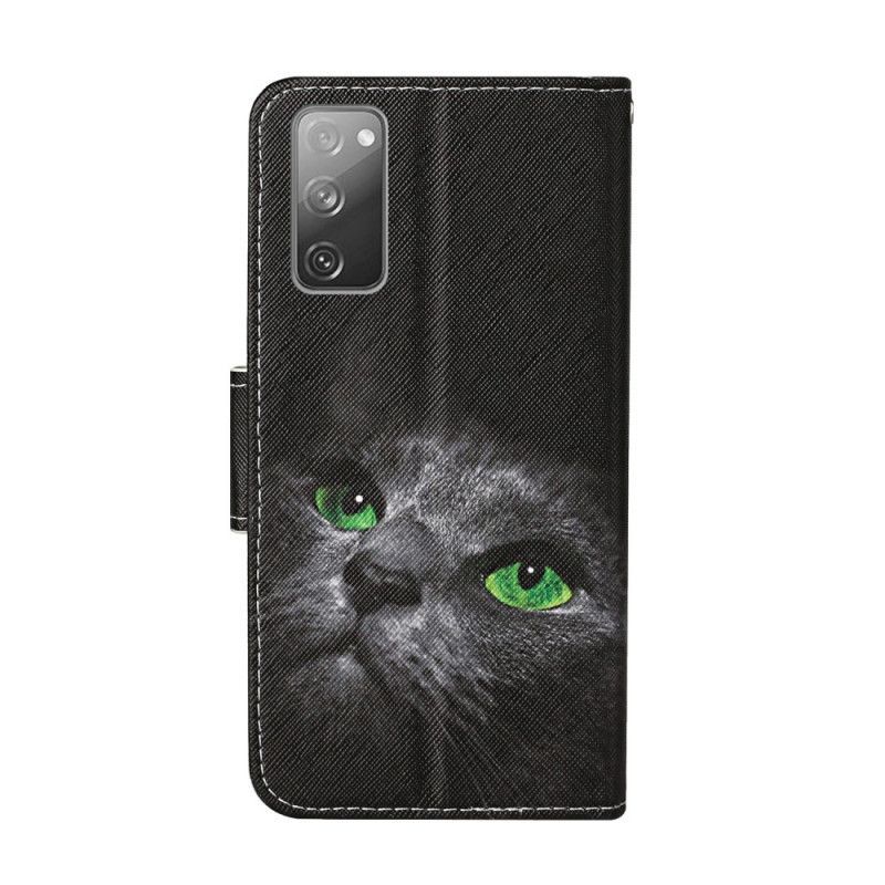 δερματινη Κάλυμμα Samsung Galaxy S20 FE Γάτα Με Πράσινα Μάτια Με Κορδόνι