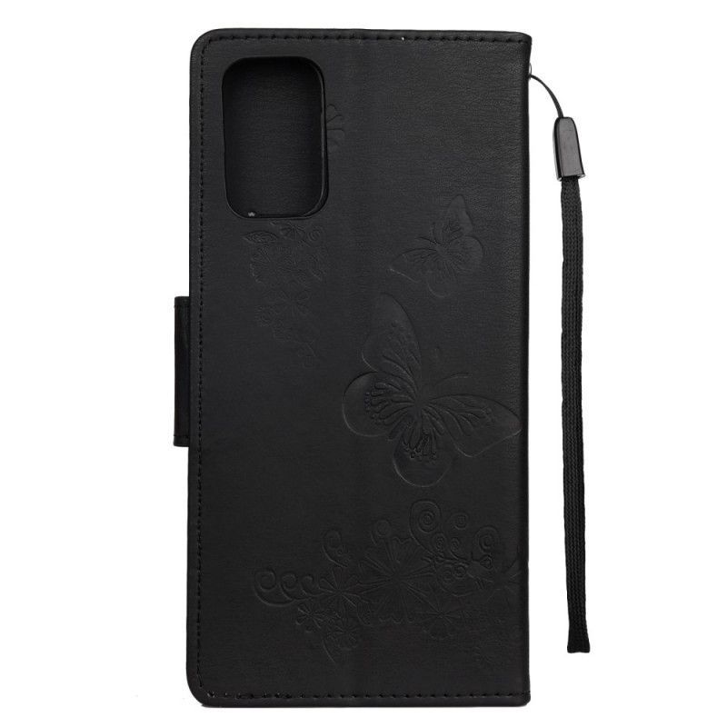 δερματινη Κάλυμμα Samsung Galaxy S20 Plus / S20 Plus 5G Μαύρο Μόνο Πεταλούδες Με Λουράκι σιλικόνης