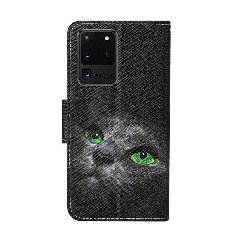 δερματινη Κάλυμμα Samsung Galaxy S20 Ultra Γάτα Με Πράσινα Μάτια Με Κορδόνι