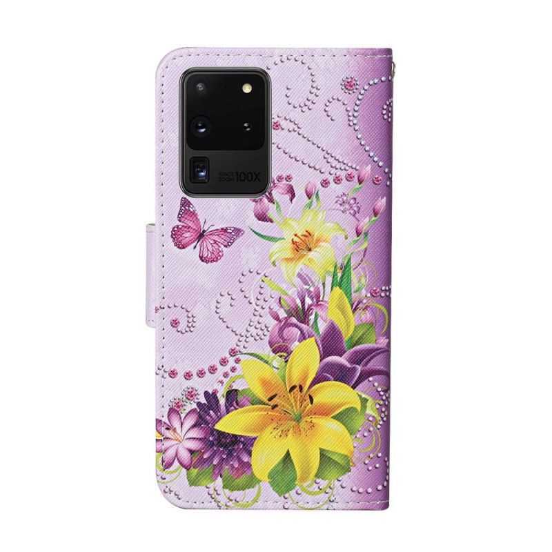 δερματινη Κάλυμμα Samsung Galaxy S20 Ultra Ματζέντα Αριστοτεχνικά Λουλούδια Με Λουράκι
