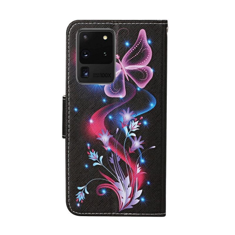 δερματινη Κάλυμμα Samsung Galaxy S20 Ultra Μαύρο Πεταλούδες Και Λουράκι