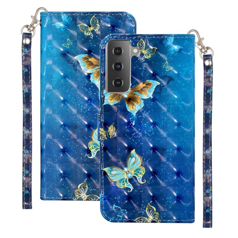 δερματινη Κάλυμμα Samsung Galaxy S21 5G Φωτεινό Σημείο Πεταλούδας Με Κορδόνι