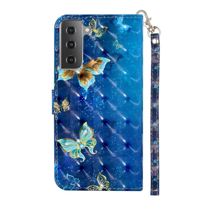 δερματινη Κάλυμμα Samsung Galaxy S21 5G Φωτεινό Σημείο Πεταλούδας Με Κορδόνι