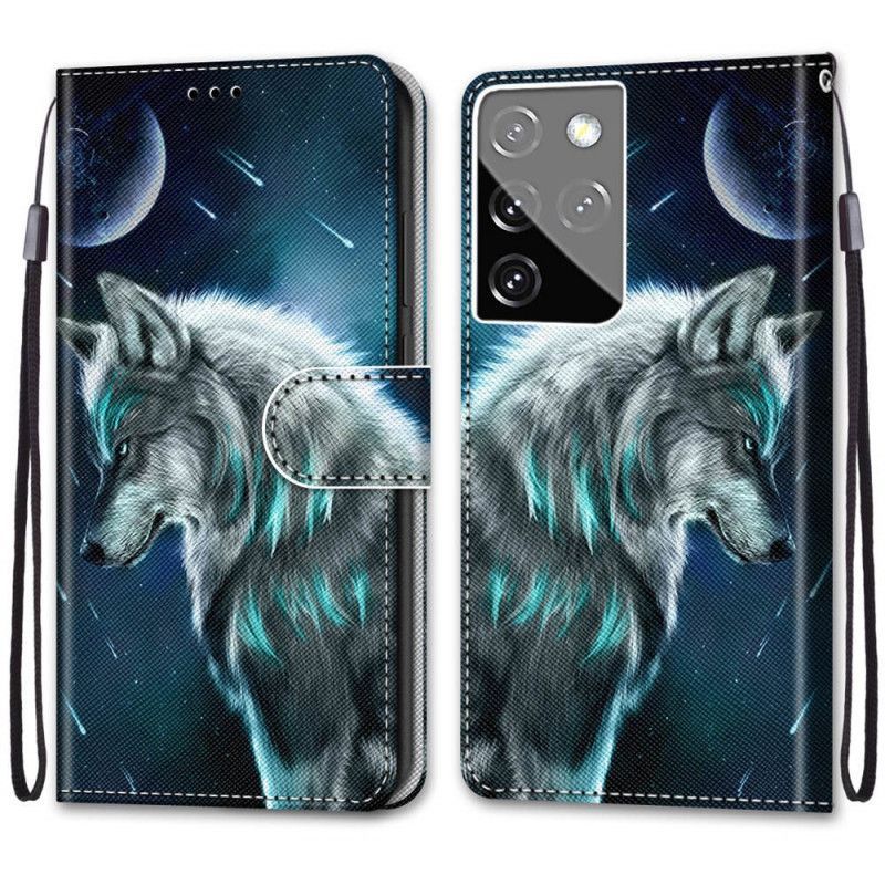 δερματινη Κάλυμμα Samsung Galaxy S21 Ultra 5G Λύκος Κάτω Από Ένα Ντους Από Αστέρια σιλικόνης
