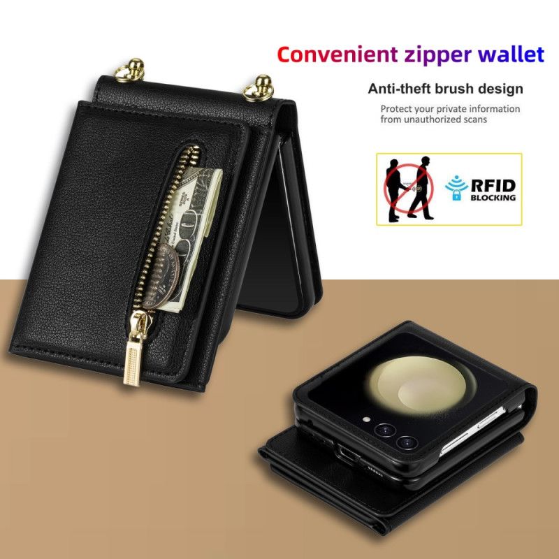 Δερματινη Θηκη Samsung Galaxy Z Flip 7 Πορτοφόλι Και Ιμάντας Ώμου Rfid Σιλικόνης