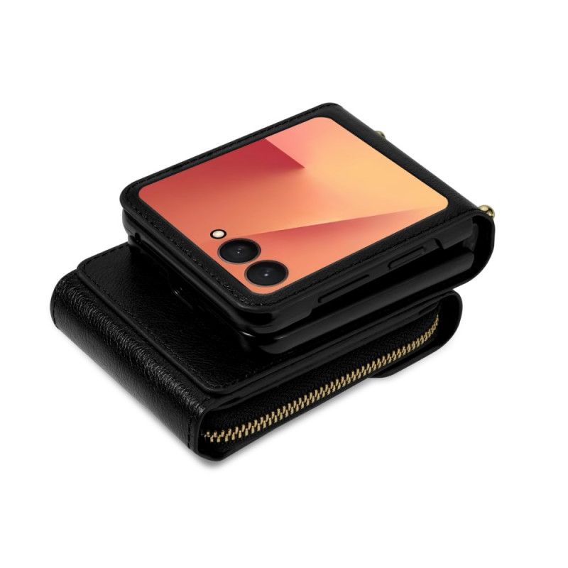 Δερματινη Θηκη Samsung Galaxy Z Flip 7 Πορτοφόλι Με Φερμουάρ Και Λουράκι Ώμου Σιλικόνης