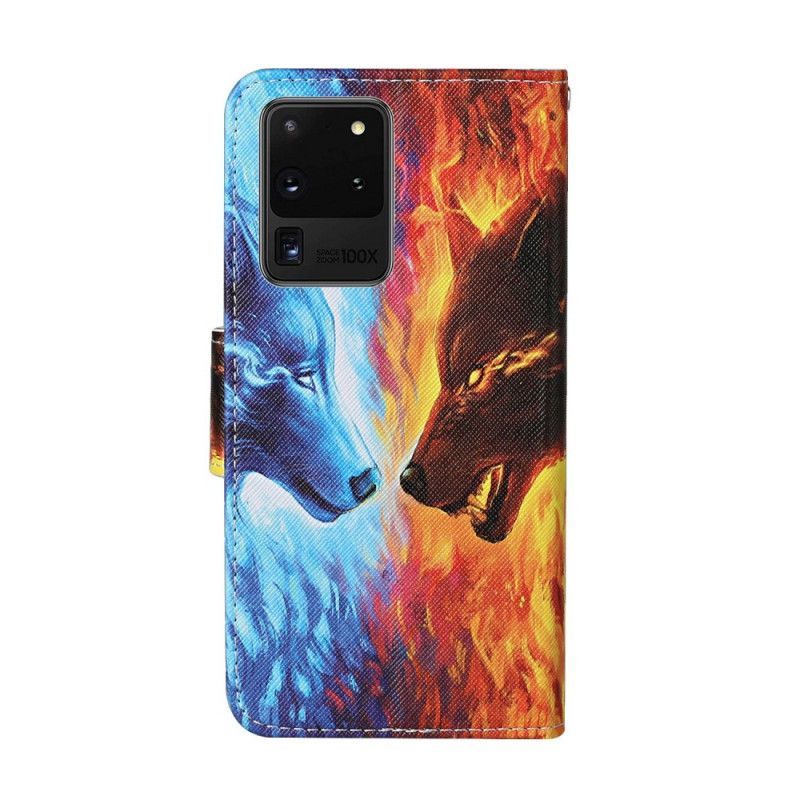 Κάλυμμα Folio Samsung Galaxy S20 Ultra Θήκες Κινητών Λύκος Πόλεμος Με Κορδόνι