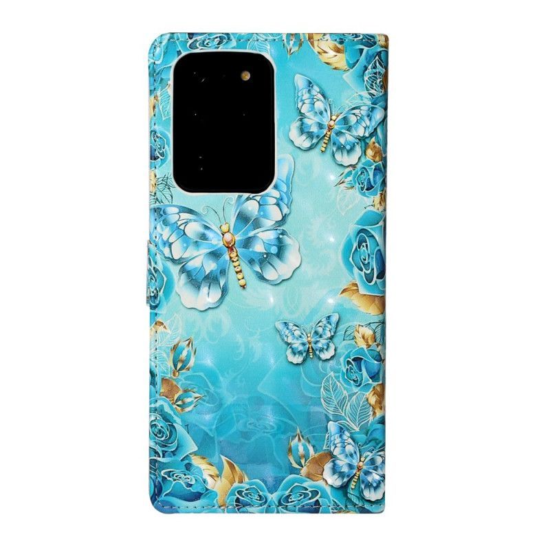 Κάλυμμα Folio Samsung Galaxy S20 Ultra Θήκες Κινητών Πεταλούδες Και Λουλούδια Σε Μπλε Φόντο
