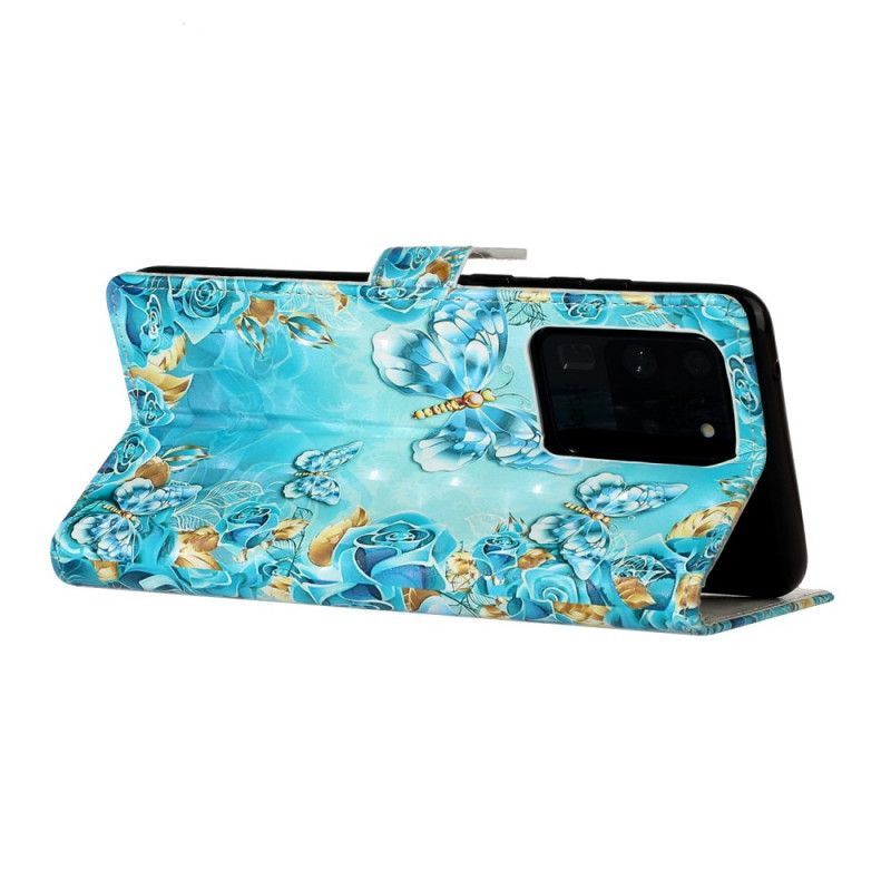Κάλυμμα Folio Samsung Galaxy S20 Ultra Θήκες Κινητών Πεταλούδες Και Λουλούδια Σε Μπλε Φόντο