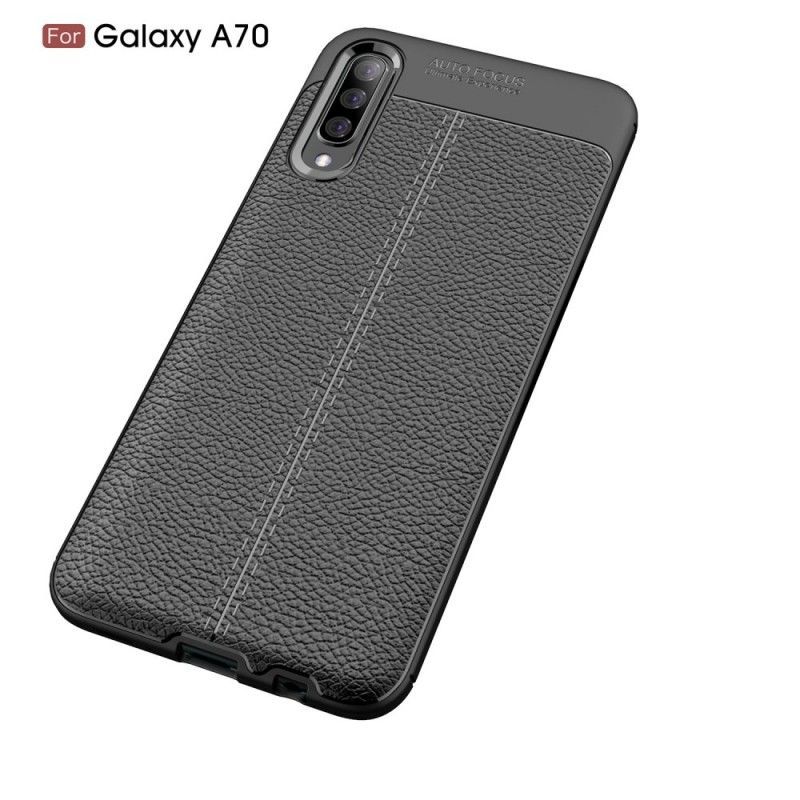 Κάλυμμα Samsung Galaxy A70 Μαύρο Εφέ Από Δέρμα Λίτσι Διπλής Γραμμής