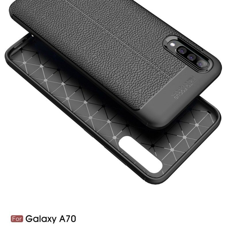 Κάλυμμα Samsung Galaxy A70 Μαύρο Εφέ Από Δέρμα Λίτσι Διπλής Γραμμής