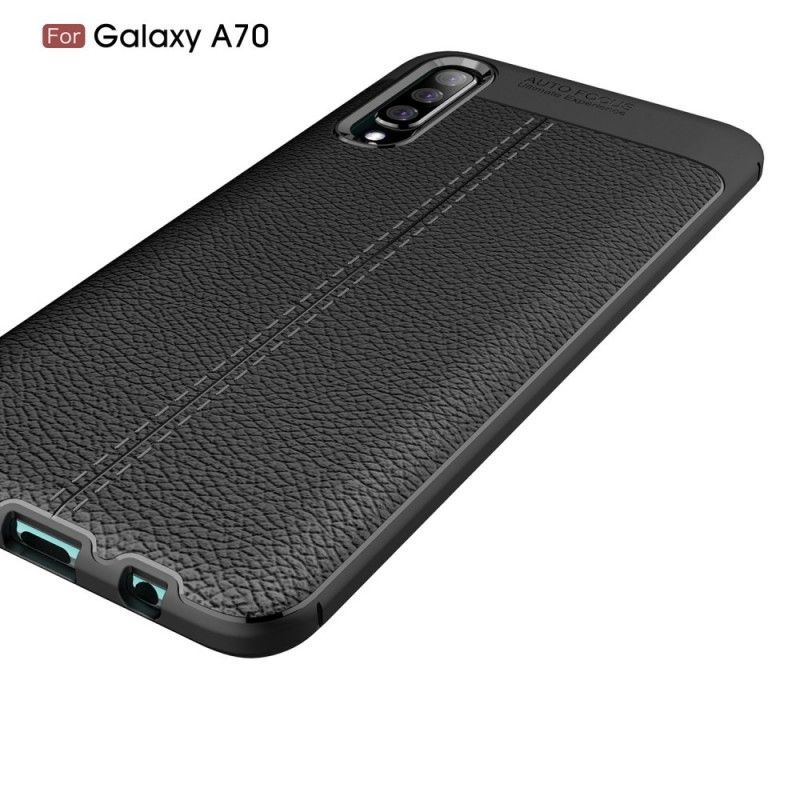 Κάλυμμα Samsung Galaxy A70 Μαύρο Εφέ Από Δέρμα Λίτσι Διπλής Γραμμής