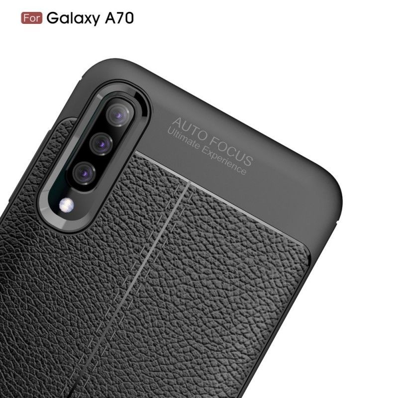 Κάλυμμα Samsung Galaxy A70 Μαύρο Εφέ Από Δέρμα Λίτσι Διπλής Γραμμής