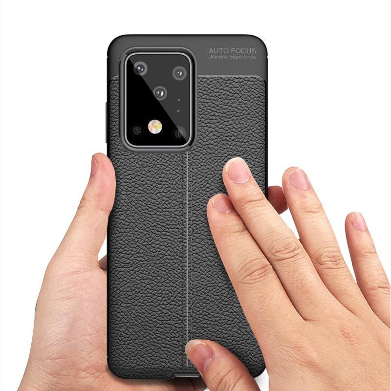 Κάλυμμα Samsung Galaxy S20 Ultra Μαύρο Εφέ Από Δέρμα Λίτσι Διπλής Γραμμής