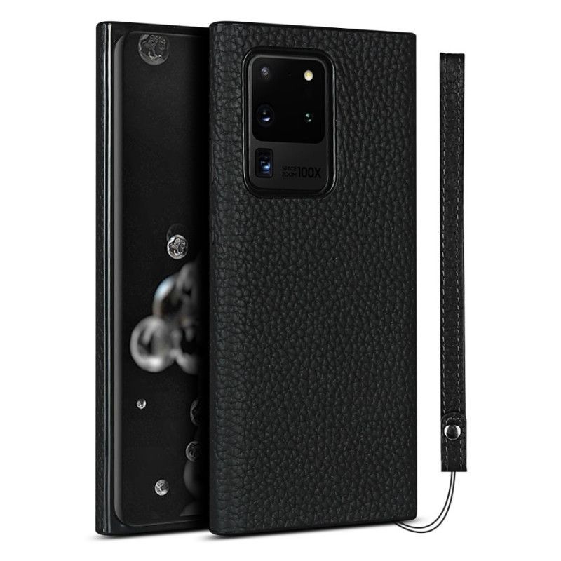 Κάλυμμα Samsung Galaxy S20 Ultra Μαύρο Γνήσιο Δέρμα Λίτσι Με Λουράκι