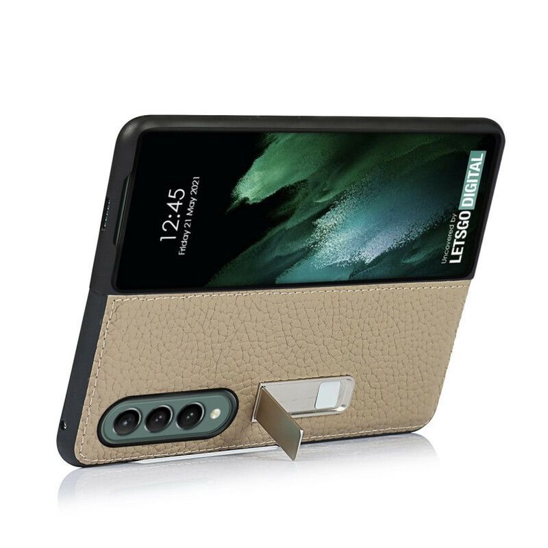 Κάλυμμα Samsung Galaxy Z Fold 3 5G Μαύρο Στήριγμα Hands-Free Από Γνήσιο Δέρμα Λίτσι