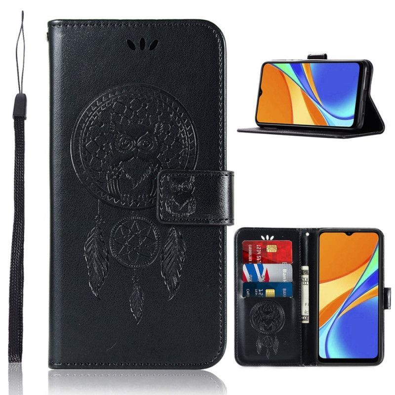 δερματινη Κάλυμμα Για Xiaomi Redmi 9C Μαύρο Δερμάτινο Εφέ Πιάνει Όνειρα Κουκουβάγιας
