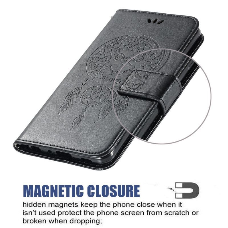 δερματινη Κάλυμμα Για Xiaomi Redmi 9C Μαύρο Δερμάτινο Εφέ Πιάνει Όνειρα Κουκουβάγιας