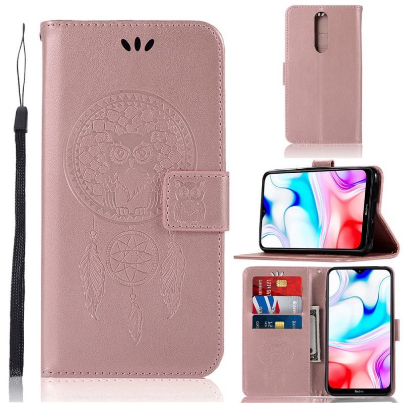 δερματινη Κάλυμμα Xiaomi Redmi 8 Ροζ Χρυσός Δερμάτινο Εφέ Πιάνει Όνειρα Κουκουβάγιας Πρωτότυπος