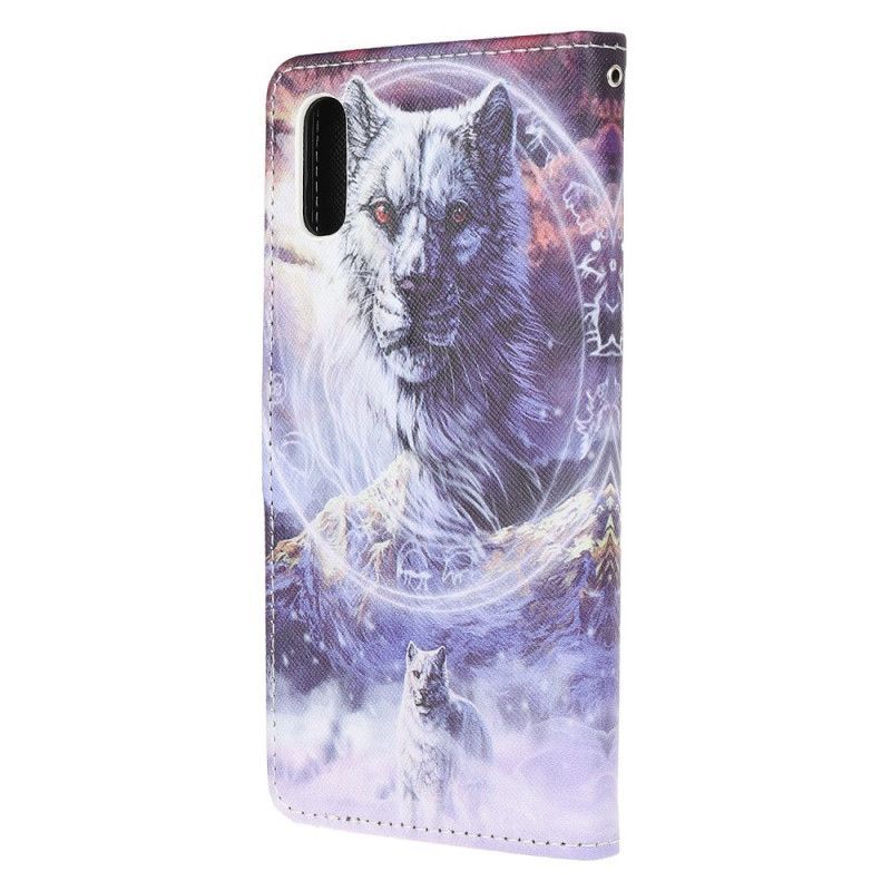δερματινη Κάλυμμα Xiaomi Redmi 9A Λύκος Το Χειμώνα Με Κορδόνι