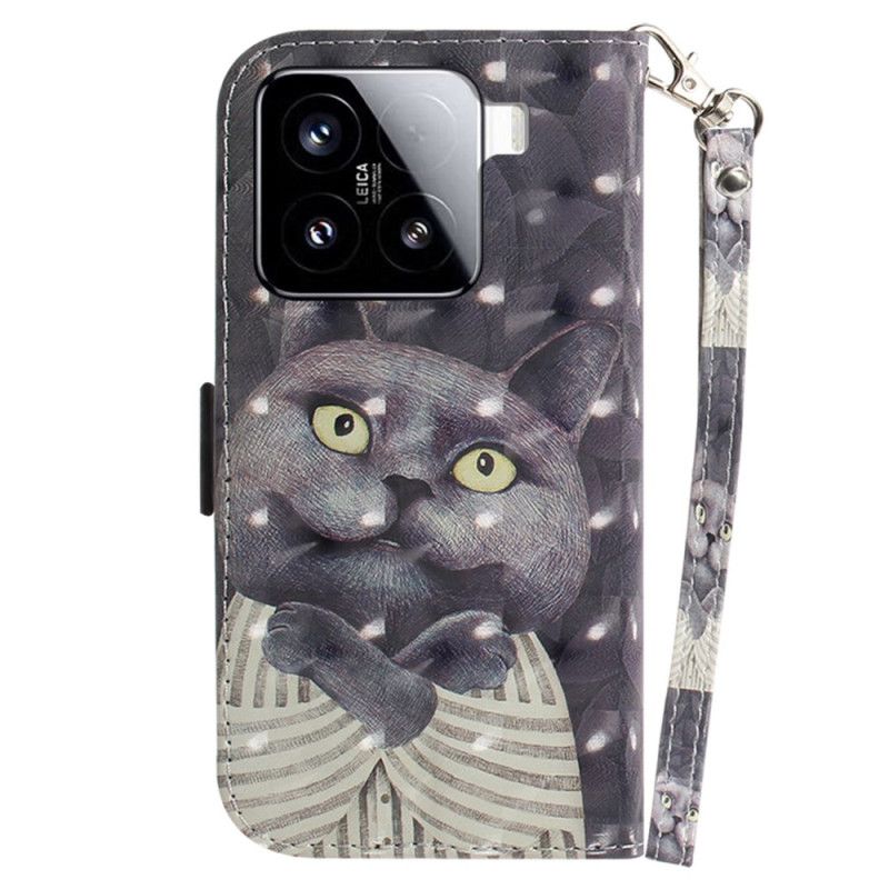 Δερματινη Θηκη Xiaomi 15 Γκρι Γάτα Με Λουρί