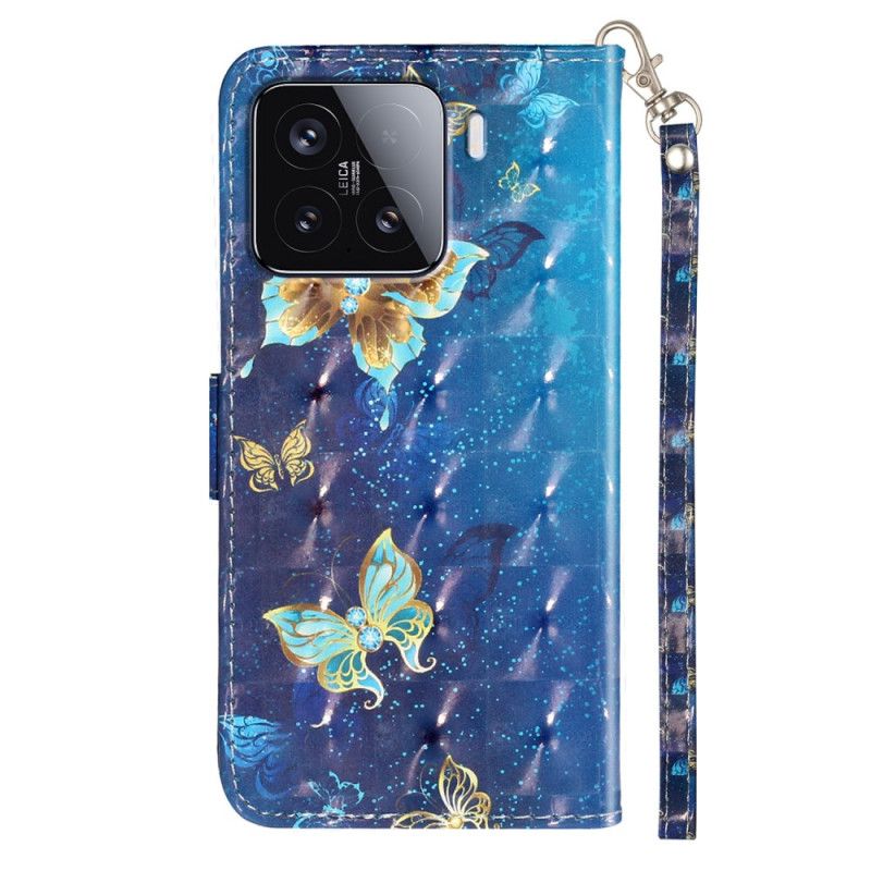 Δερματινη Θηκη Xiaomi 15t Pro Μπλε Και Χρυσές Πεταλούδες Σιλικόνης