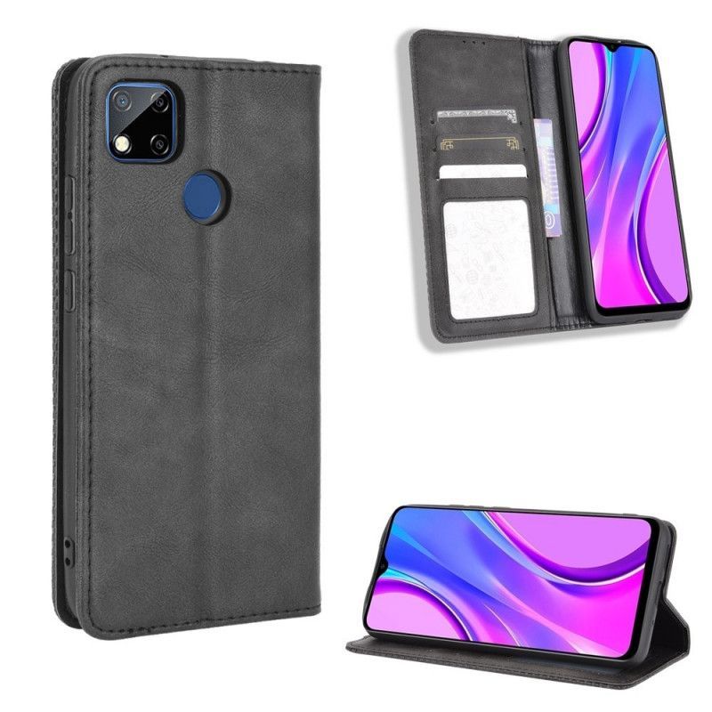 δερματινη θηκη Xiaomi Redmi 9C Μαύρο Στυλιζαρισμένο Vintage Δερμάτινο Εφέ σιλικόνης