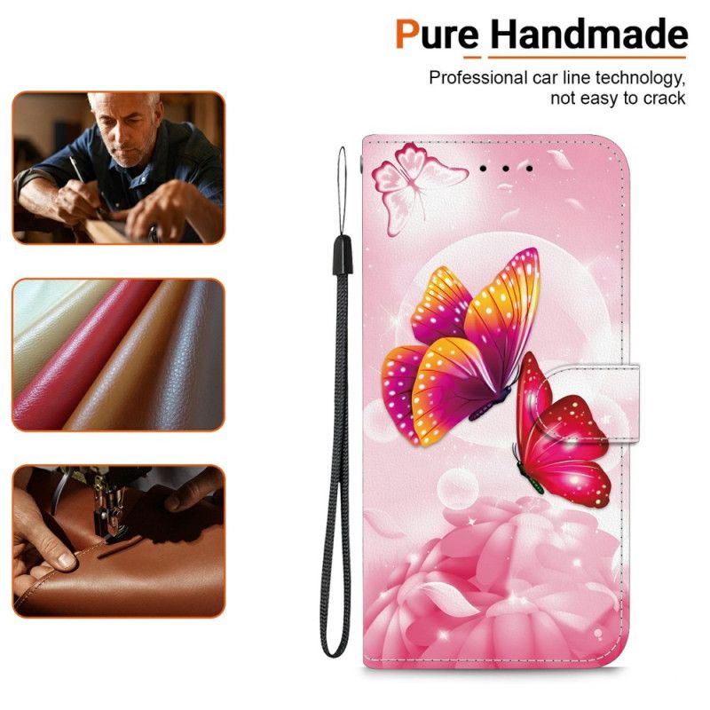 Δερματινη Θηκη Xiaomi Redmi Note 14s Ροζ Πεταλούδες Σιλικόνης