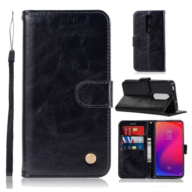Κάλυμμα Folio Xiaomi Mi 9T / Mi 9T Pro Μαύρο Vintage Δερμάτινο Εφέ Με Strappy