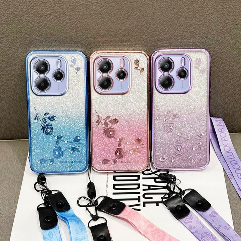 Κάλυμμα Xiaomi Redmi Note 14 4g Στρας Και Λουλούδια Με Κορδόνι